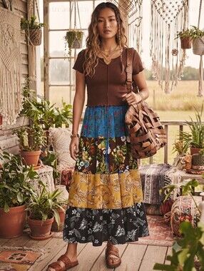 NWT Jackpot Breathable Boho Multi-Color Tiered Maxi Skirt Patchwork Gypsy